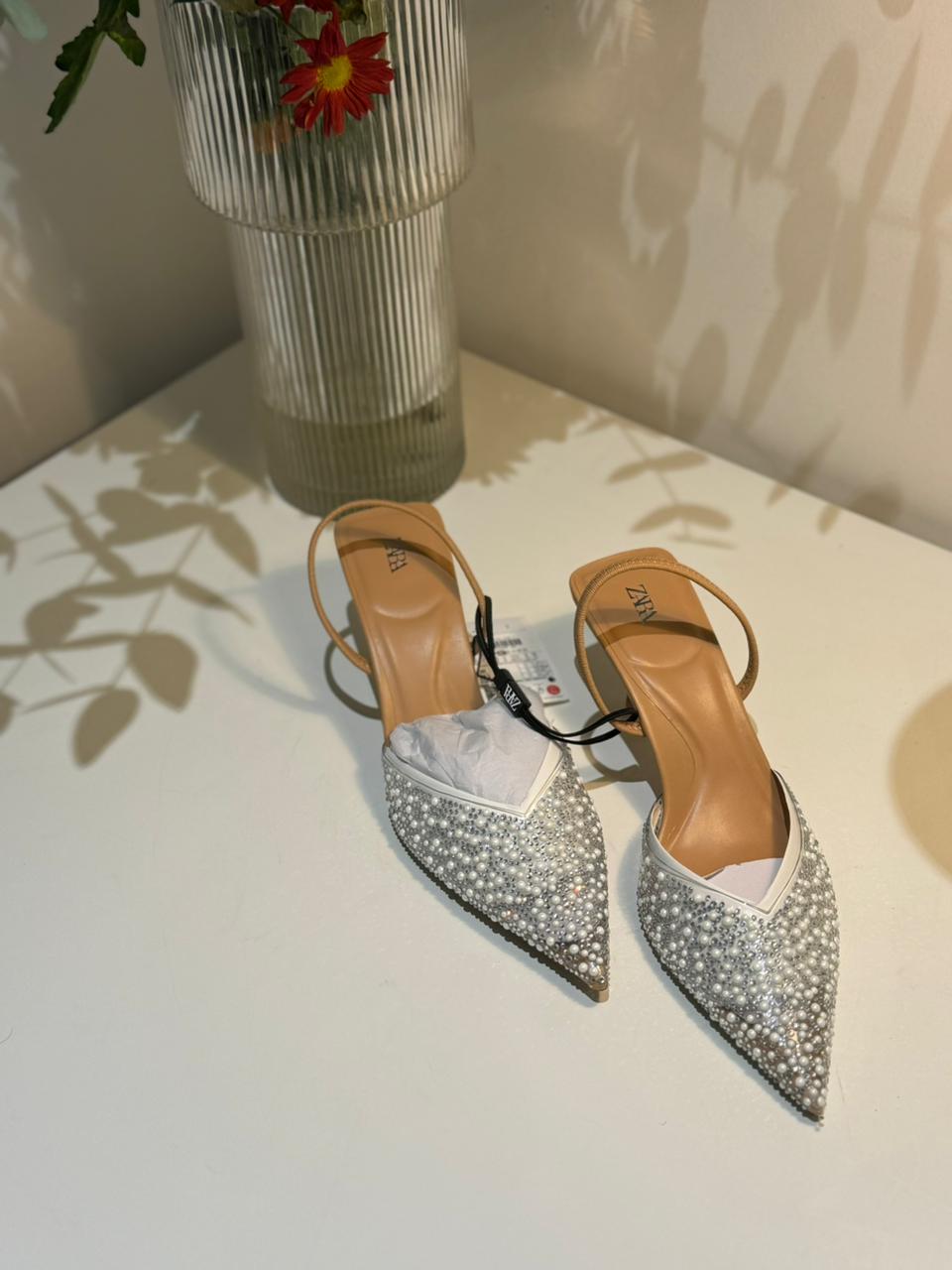 ZARA HIGH-HEEL SLINGBACK SHOES WITH FAUX PEARLS