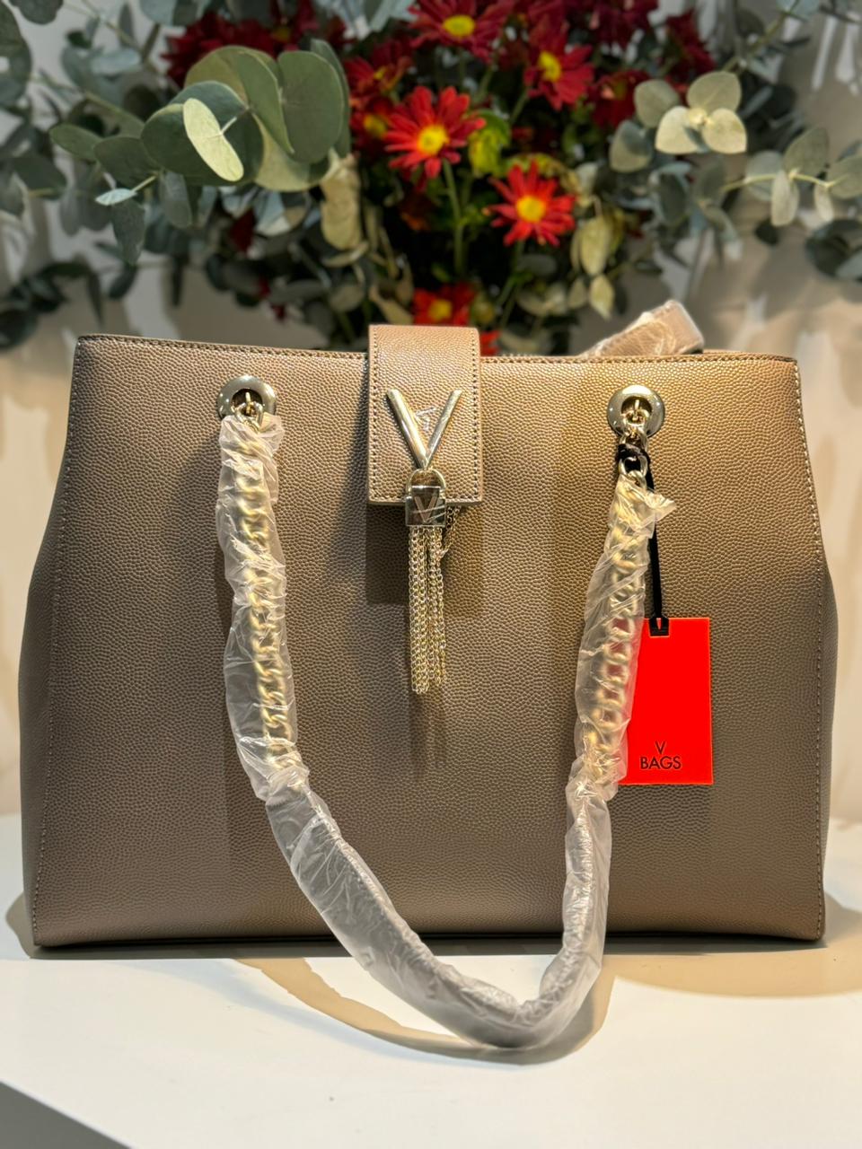 Mario Valentino Divina Tote Bag Synthetic Leather Taupe Handbag Large Womens New