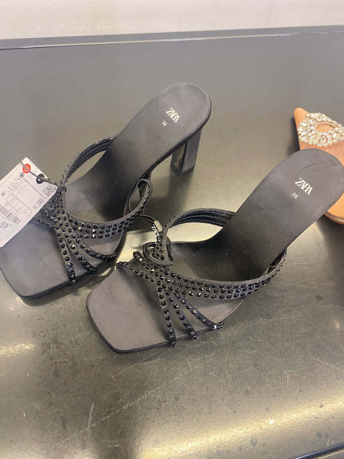 ZARA SATIN EFFECT RHINESTONE HEELED SANDALS BLACK