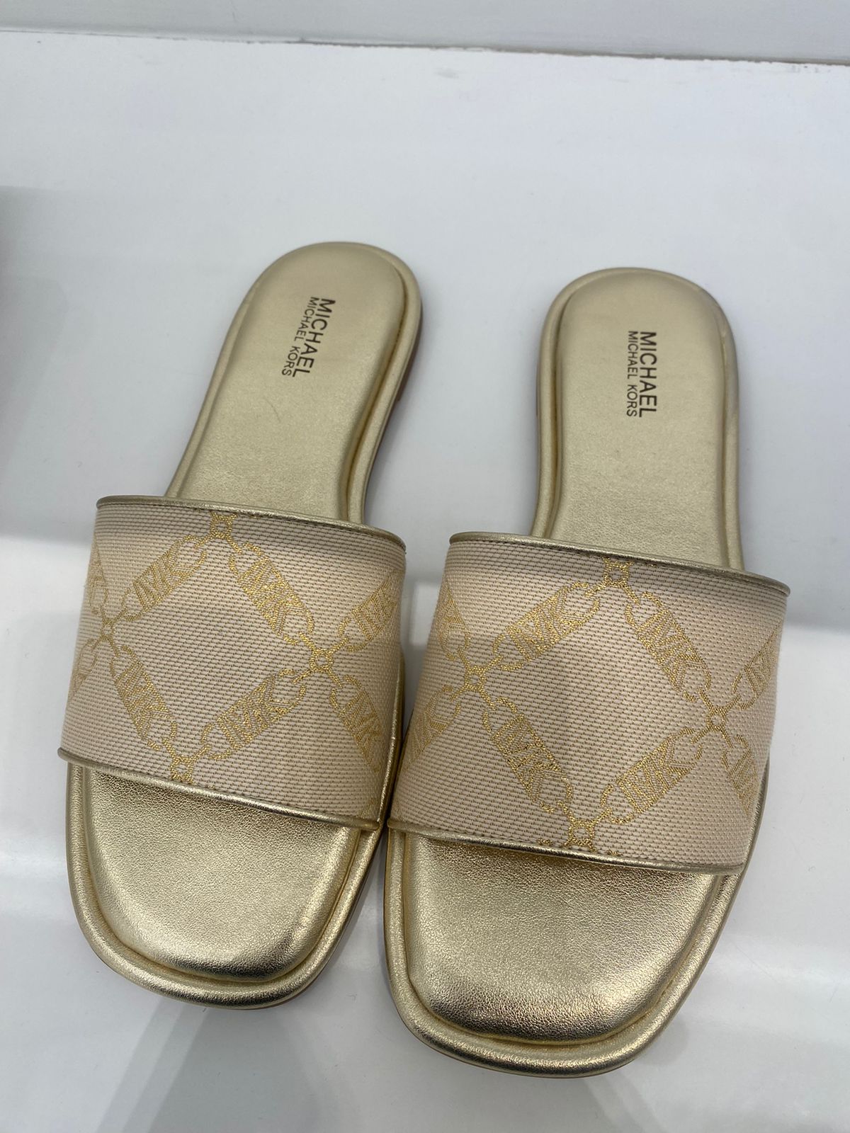 MK Hayworth Slide Sandals in Empire Logo Jacquard