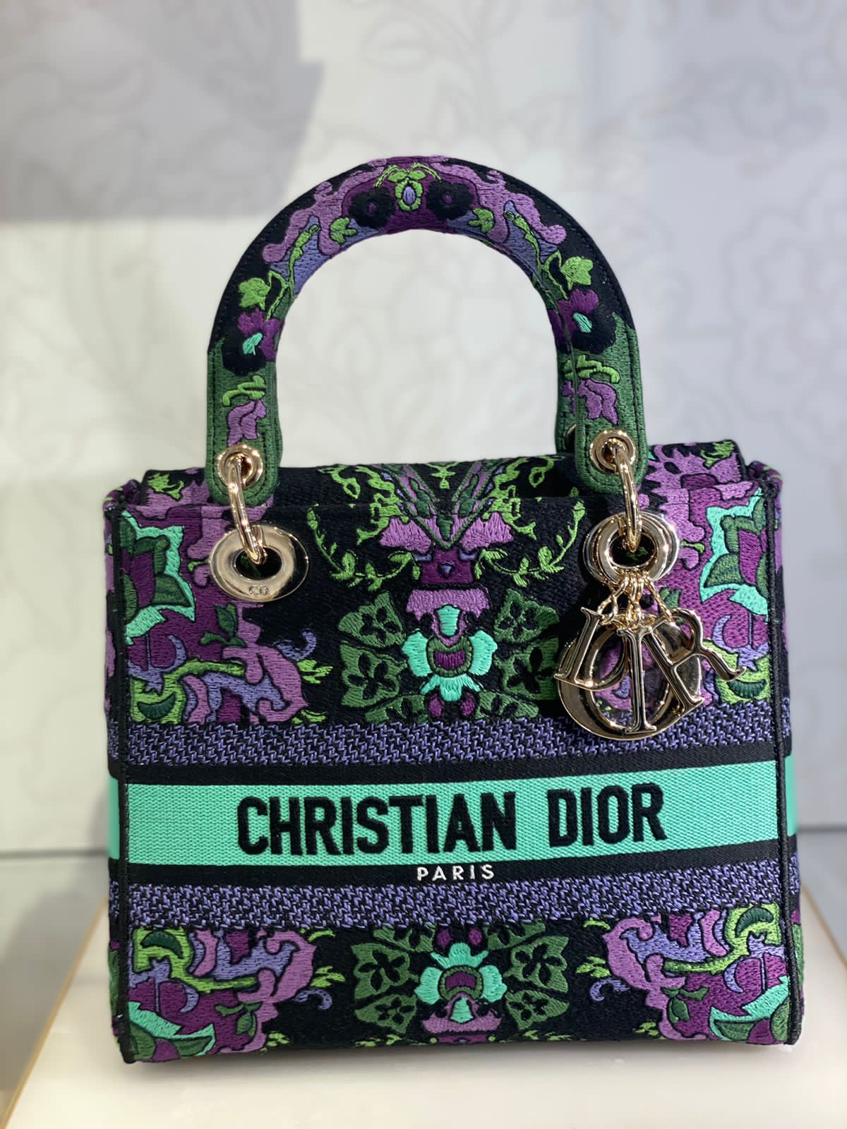 CHRISTIAN DIOR  Canvas Embroidered Indian Purple Medium Lady D-Lite Multicolor