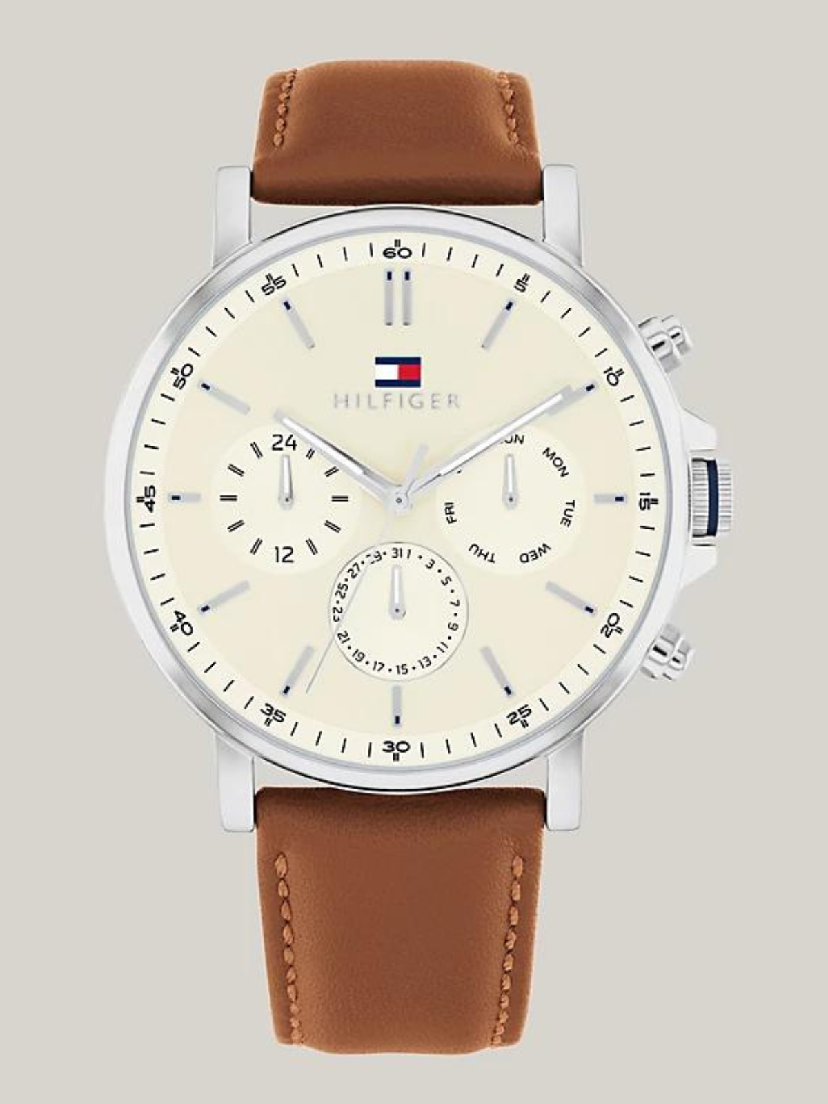 TOMMY HILFIGER PARCHMENT DIAL BROWN LEATHER STRAP WATCH
