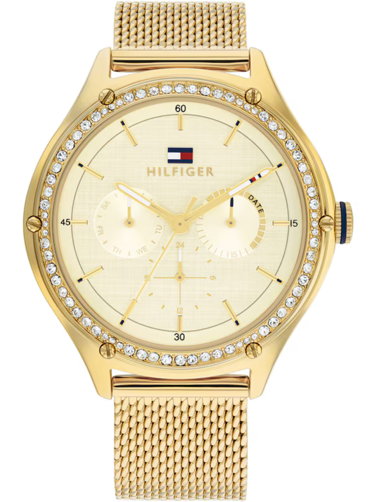 Tommy Hilfiger Ladies' Stone Set Bezel Gold Tone Mesh Strap Watch