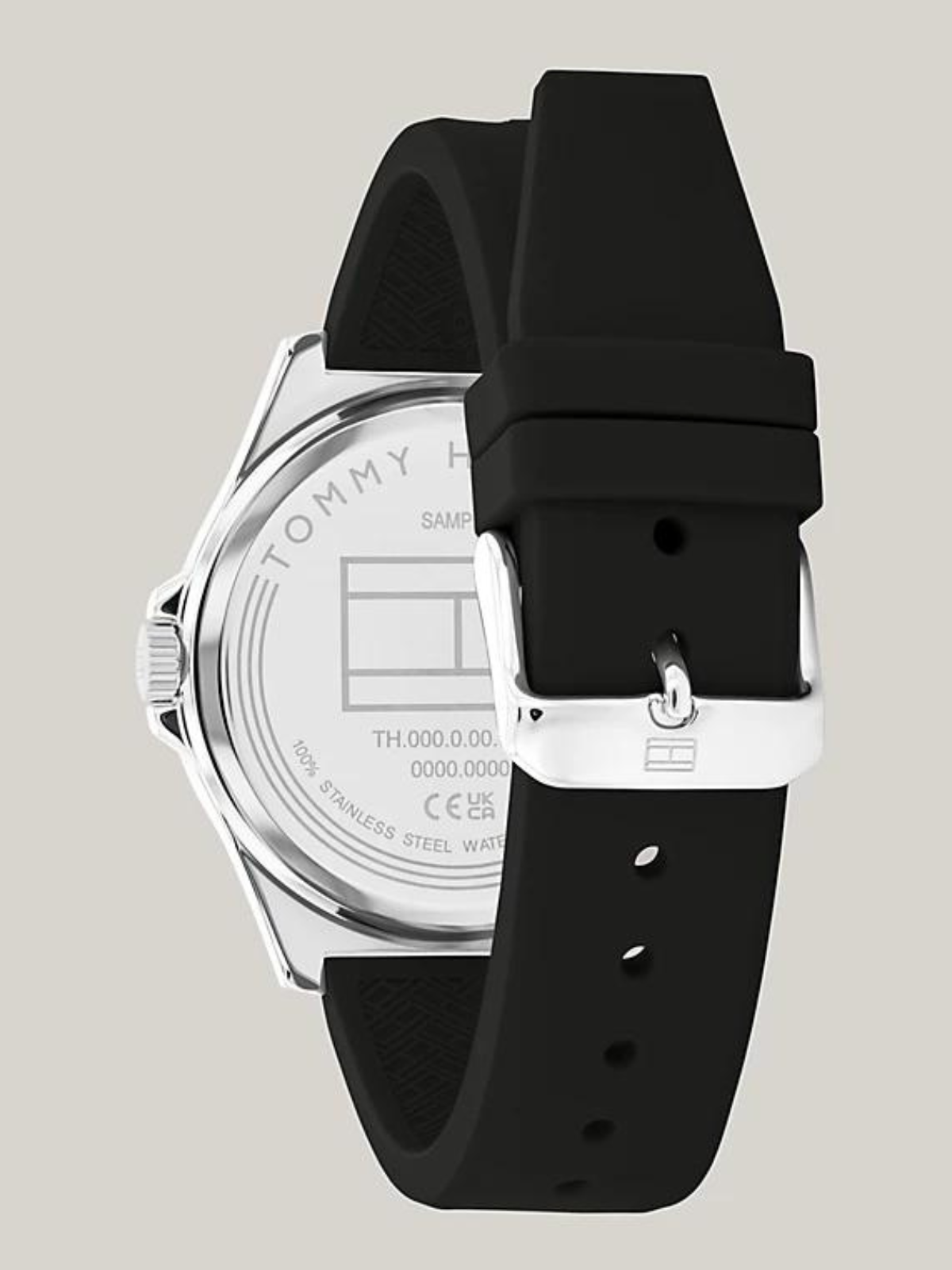 TOMMY HILFIGER STAINLESS STEEL BLACK SILICONE STRAP WATCH